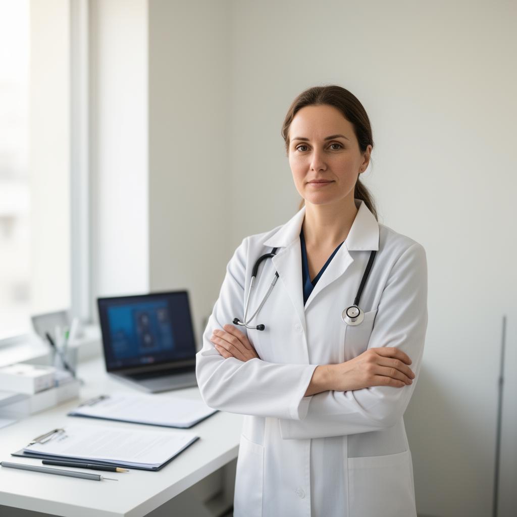 Médica em consultório moderno